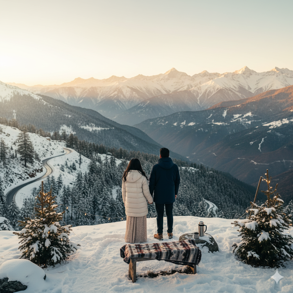 "Begin your forever amidst the majestic peaks of Manali. Crisp mountain air, breathtaking views, and the warmth of togetherness create the perfect backdrop for your honeymoon. An unforgettable journey from Mumbai awaits!"